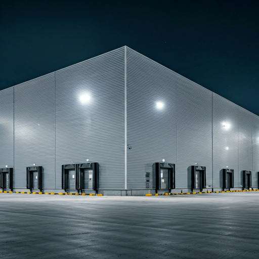 Modernes Logistiklager und Verteilzentrum bei Nacht