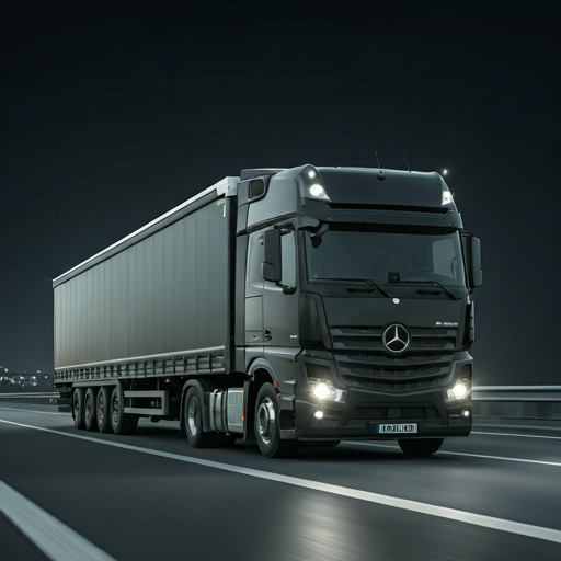 Schwerer Logistik-LKW bei Nacht auf der Autobahn